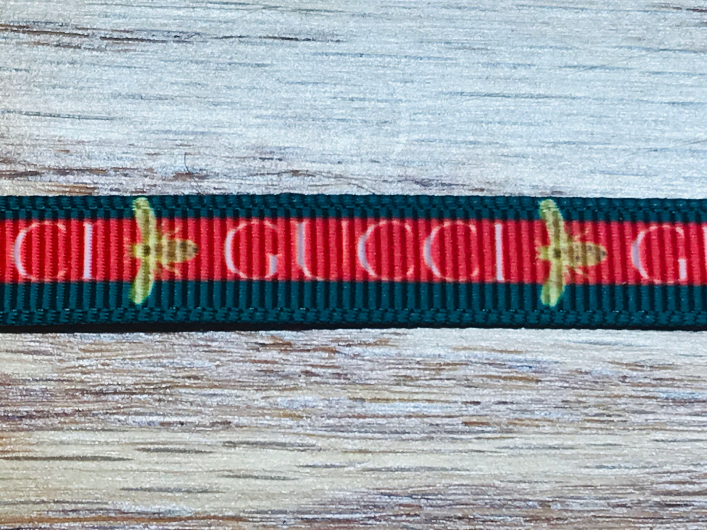 3/8" Wide Gucci Red & Green Stripes With Gold Bee Logo Grosgrain Ribbon