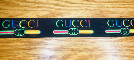 3/8" Wide Famous Brand Designer Gucci Black Grosgrain Ribbon With Primary Colors