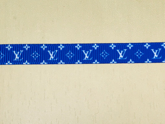 3/8" Wide Famous Blue and White Designer LV Louis Vuitton Logo Grosgrain Ribbon