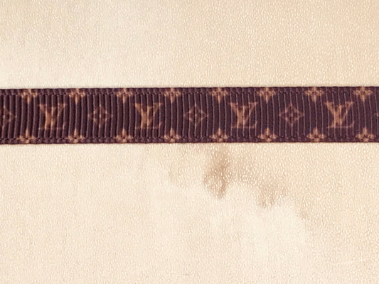 3/8" Wide Famous Brown and Gold Designer LV Louis Vuitton Logo Grosgrain Ribbon