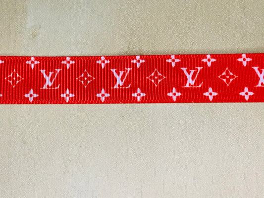 3/8" Wide Famous Red and White Designer LV Louis Vuitton Logo Grosgrain Ribbon