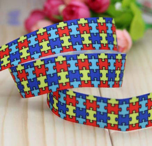 SALE 7/8" Wide Autism Puzzle Pieces Grosgrain Ribbon