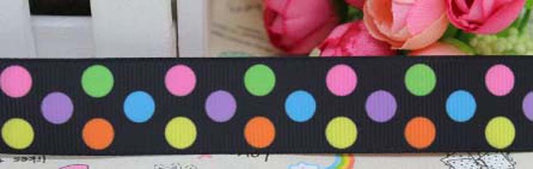 SALE 7/8" Wide Black with Colorful Polka Dots Grosgrain Ribbon