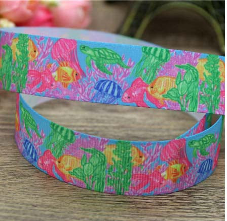 SALE 7/8" Wide Colorful Under The Sea Turtles Fish Tropical Grosgrain Ribbon