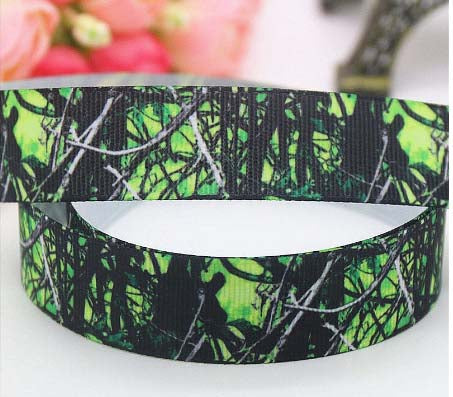 7/8" Green Tree Camo Camouflage Hunting Wilderness Printed Grosgrain Ribbon