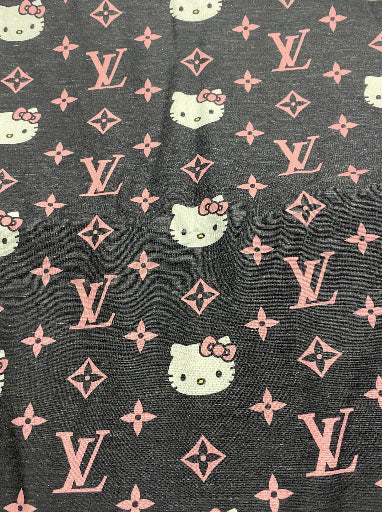 Hot Pink Hello Kitty & LV Louis Vuitton Designer Logo Printed Fabric