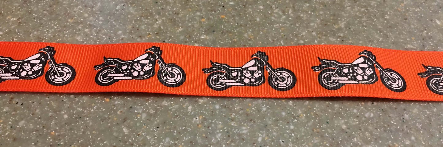 7/8" Wide Harley Davidson Motorcycle Orange Grosgrain Ribbon With Black Printing