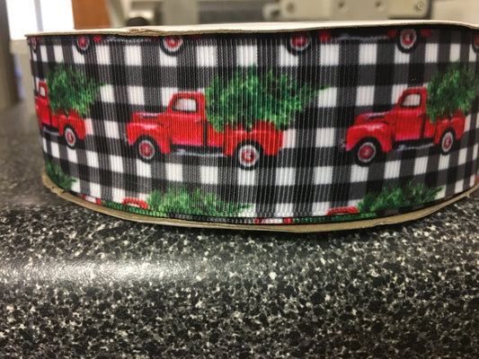 1-1/2" Black and White Buffalo Plaid with Vintage Red Truck Holiday Printed Grosgrain Ribbon