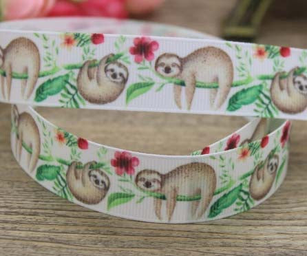 SALE 7/8" Sleepy Lazy Sloth Printed Grosgrain Ribbon