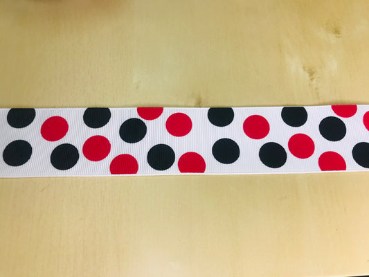 SALE 1-1/2" Wide White Grosgrain Ribbon With Black & Red Polka Dots