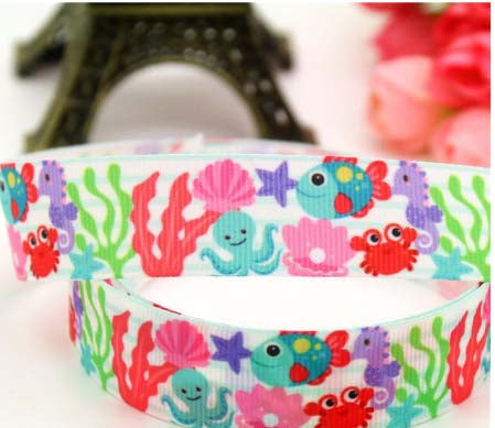 SALE 7/8" Wide White Under The Sea Creatures Grosgrain Ribbon